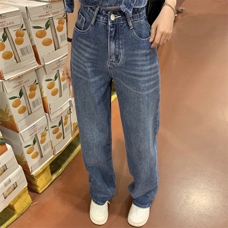 オーバーオール風ロゴ入りビスチェトップス＆ハイウエストストレートデニムパンツ 華奢見え甘辛MIXセットアップ（上下別売り）