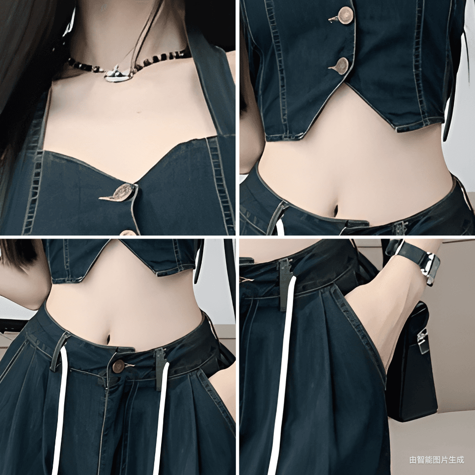 ホルターネックデニムビスチェトップス×ハイウエストワイドストレートパンツ 脚長見えレトロモダンセットアップ