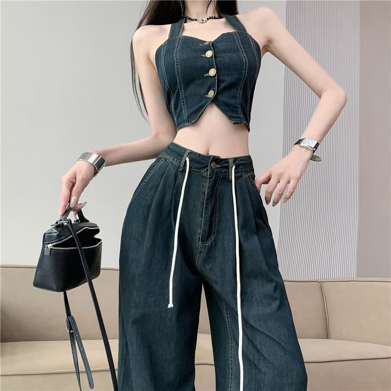ホルターネックデニムビスチェトップス×ハイウエストワイドストレートパンツ 脚長見えレトロモダンセットアップ