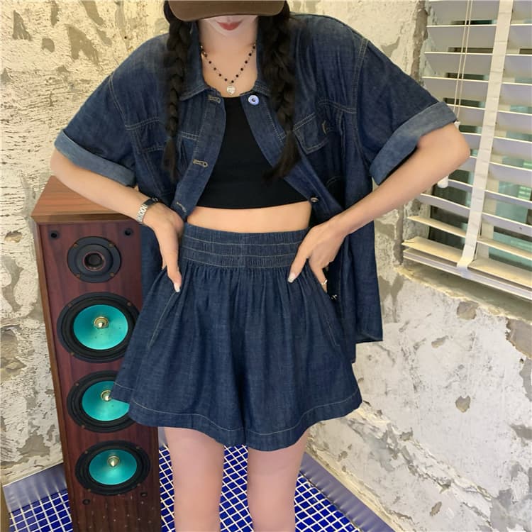 デニムセットアップ ゆったり薄手半袖シャツ&ショートパンツ 夏のレトロ塩系2点セット