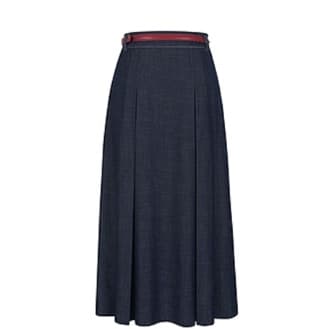 ダークデニムセットアップ クラシカル長袖シャツ&プリーツロングスカート きれいめフェミニンツーピースセット