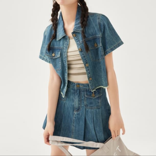 デニムセットアップ カットオフ半袖ジャケット&プリーツミニスカート ガーリーカジュアル2点セット