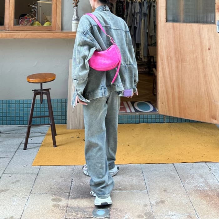 ウォッシュ加工オーバーサイズデニムジャケット&ワイドパンツ ゆったり華奢見え ストリートカジュアルセットアップ