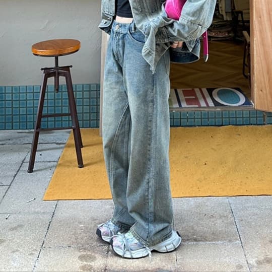 ウォッシュ加工オーバーサイズデニムジャケット&ワイドパンツ ゆったり華奢見え ストリートカジュアルセットアップ