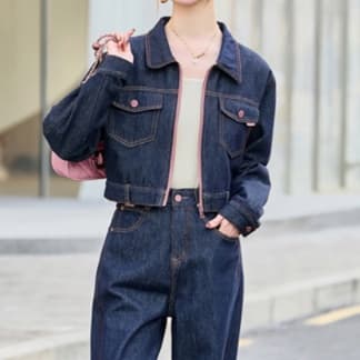 デニムセットアップ カラフルジップショートジャケット×ワイドパンツ ワーク系カジュアル2点セット