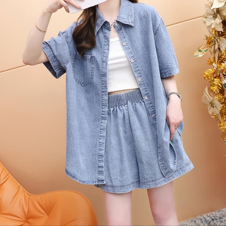 デニムセットアップ 甘辛ミックス 韓国風半袖シャツとショートパンツの夏用二点セット