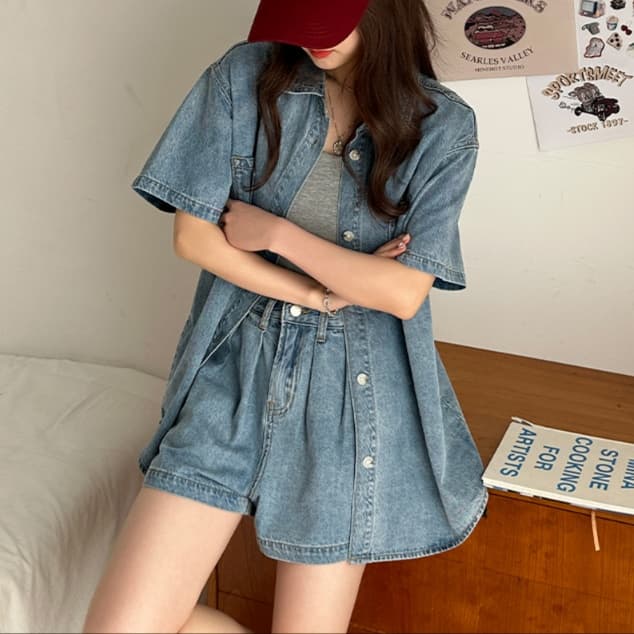 ウォッシュ加工半袖デニムシャツ×ショートパンツ ゆる可愛い 爽やか夏映えセットアップ(上下別売り)