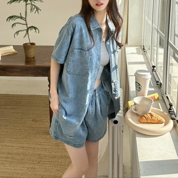ウォッシュ加工半袖デニムシャツ×ショートパンツ ゆる可愛い 爽やか夏映えセットアップ(上下別売り)