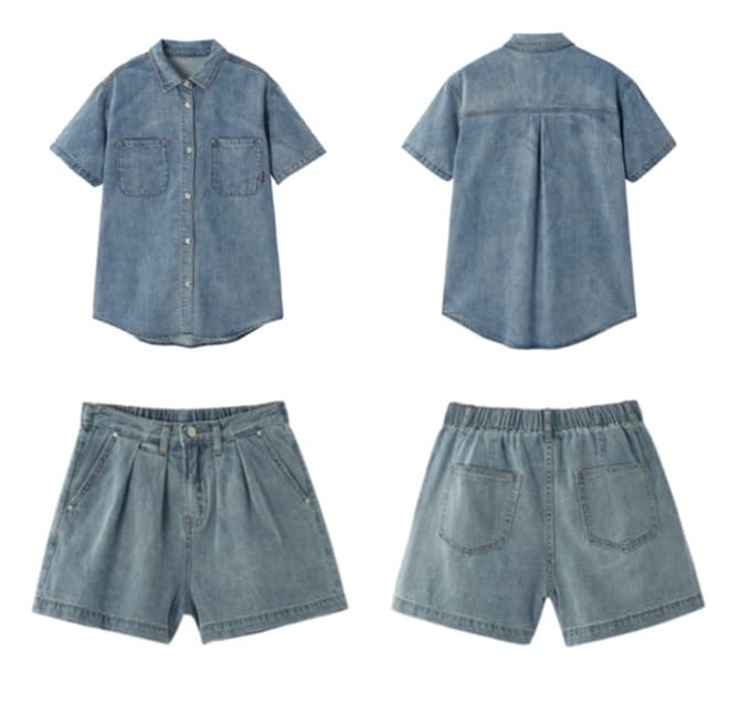 ウォッシュ加工半袖デニムシャツ×ショートパンツ ゆる可愛い 爽やか夏映えセットアップ(上下別売り)