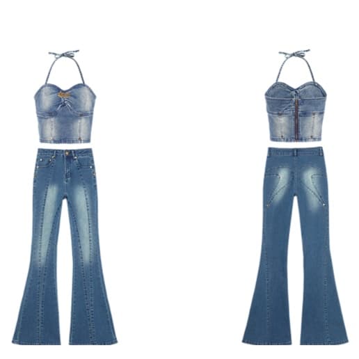 ホルターネックビスチェ&ハイウエストフレアデニムパンツ 韓国風肌見せY2Kセットアップ(上下別売り)