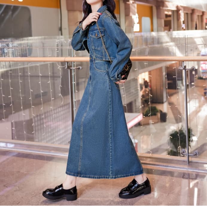 デニムセットアップ ショート丈ジャケット&タイトワンピース 大人可愛い 細見えフェミカジ2点セット