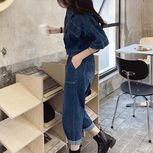 デニムセットアップ 半袖ショートジャケット×クロップドワイドパンツ 塩系垢抜け ワークテイスト2点セット