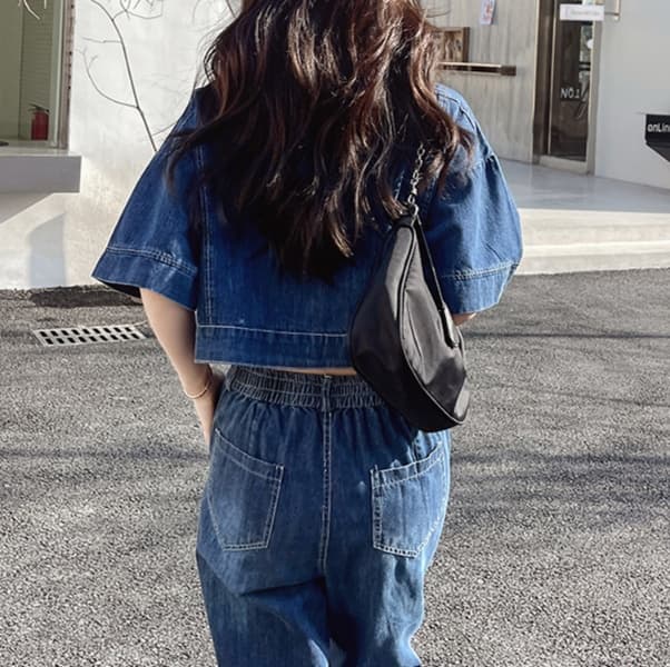 デニムセットアップ 半袖ショートジャケット×クロップドワイドパンツ 塩系垢抜け ワークテイスト2点セット
