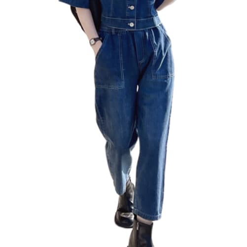 デニムセットアップ 半袖ショートジャケット×クロップドワイドパンツ 塩系垢抜け ワークテイスト2点セット