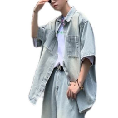 ゆったり半袖デニムシャツ×ワイドパンツ メンズ向け ウォッシュ加工 爽やかカジュアルセットアップ