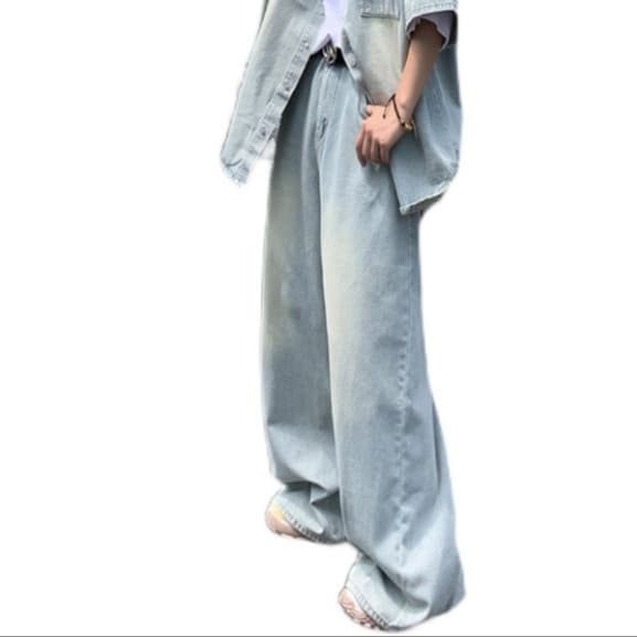 ゆったり半袖デニムシャツ×ワイドパンツ メンズ向け ウォッシュ加工 爽やかカジュアルセットアップ