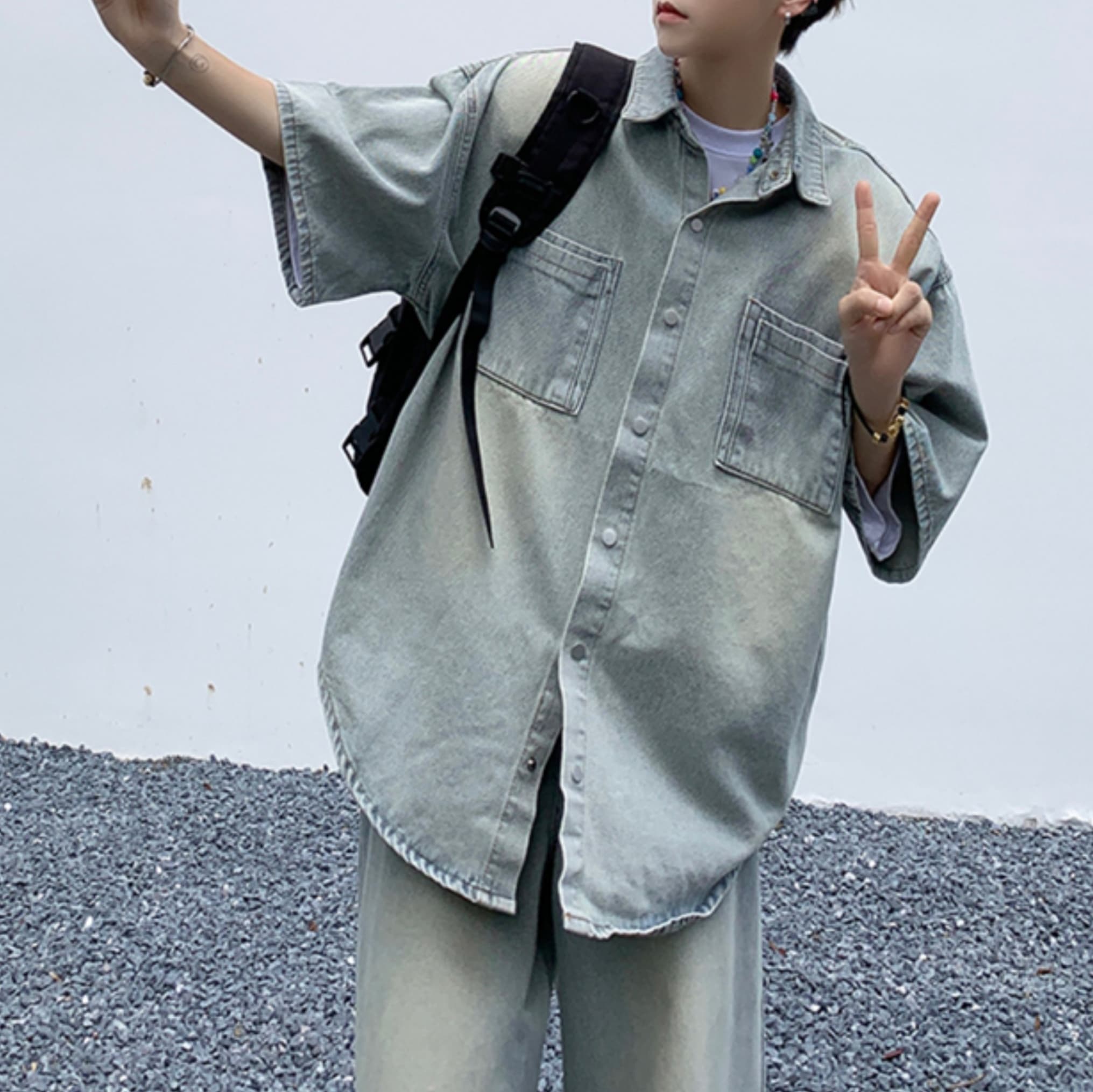 ゆったり半袖デニムシャツ×ワイドパンツ メンズ向け ウォッシュ加工 爽やかカジュアルセットアップ