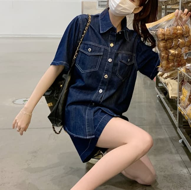 デニムセットアップ ヴィンテージ風薄手半袖シャツ&ワイドショートパンツ 夏のきれいめゆるかわ上下セット