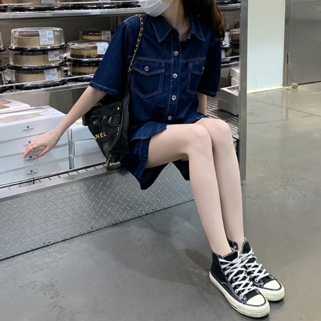 デニムセットアップ ヴィンテージ風薄手半袖シャツ&ワイドショートパンツ 夏のきれいめゆるかわ上下セット