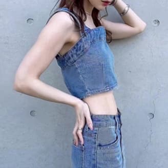 デニムセットアップ スクエアネックデニムビスチェパンツセット
