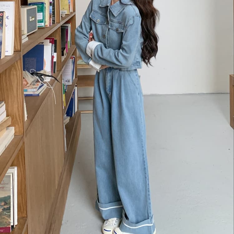 デニムセットアップ 袖口切替ショートジャケット&ワイドストレートパンツ きれいめ可愛いゆるフェミ上下セット