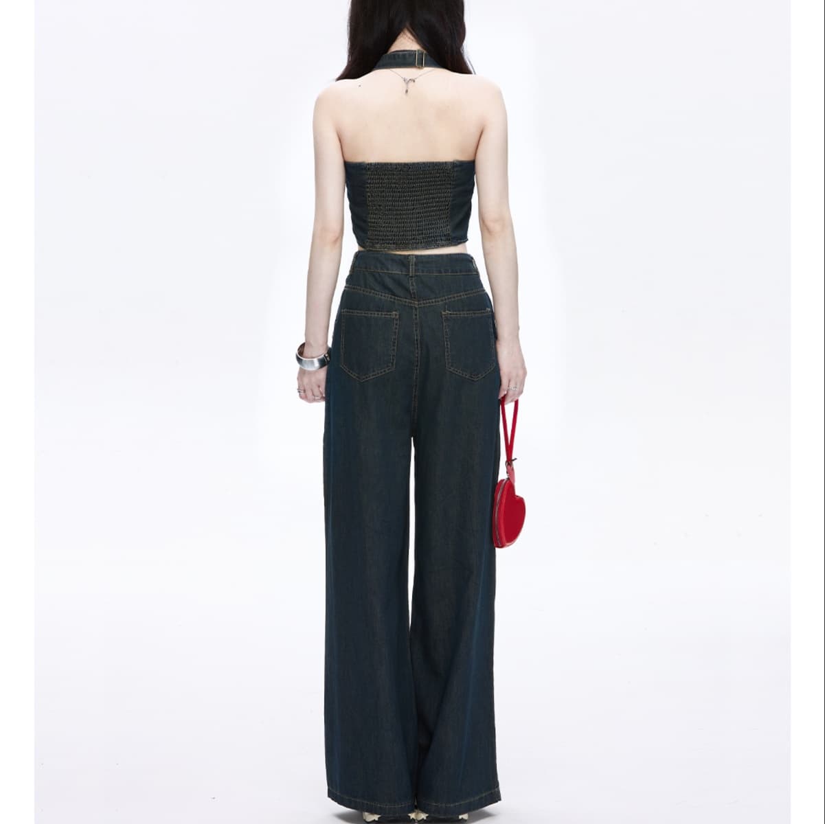 デニムセットアップ ホルターネックビスチェトップス×ハイウエストワイドパンツ 大人可愛い レトロカジュアル2点セット