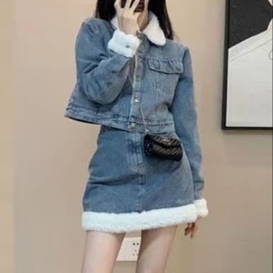 もこもこ装飾デニムジャケット&タイトミニスカート あったか厚手 上品可愛い冬映えセットアップ