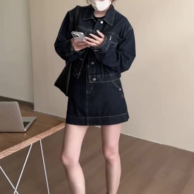ブラックデニムセットアップ ヴィンテージ風ジャケット×ハイウエストミニスカート 韓国系クールカジュアルセット