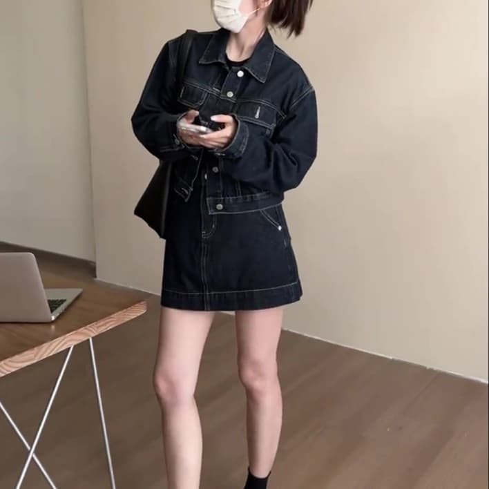 ブラックデニムセットアップ ヴィンテージ風ジャケット×ハイウエストミニスカート 韓国系クールカジュアルセット