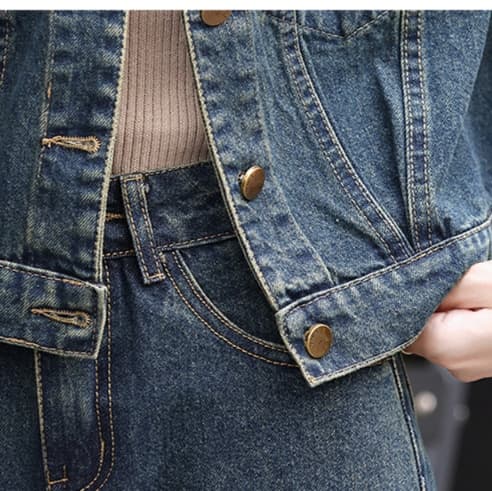 デニムセットアップ シンプルデニムジャケット&ハイウエストワイドレッグパンツ 上品万能 香港風細見えセット