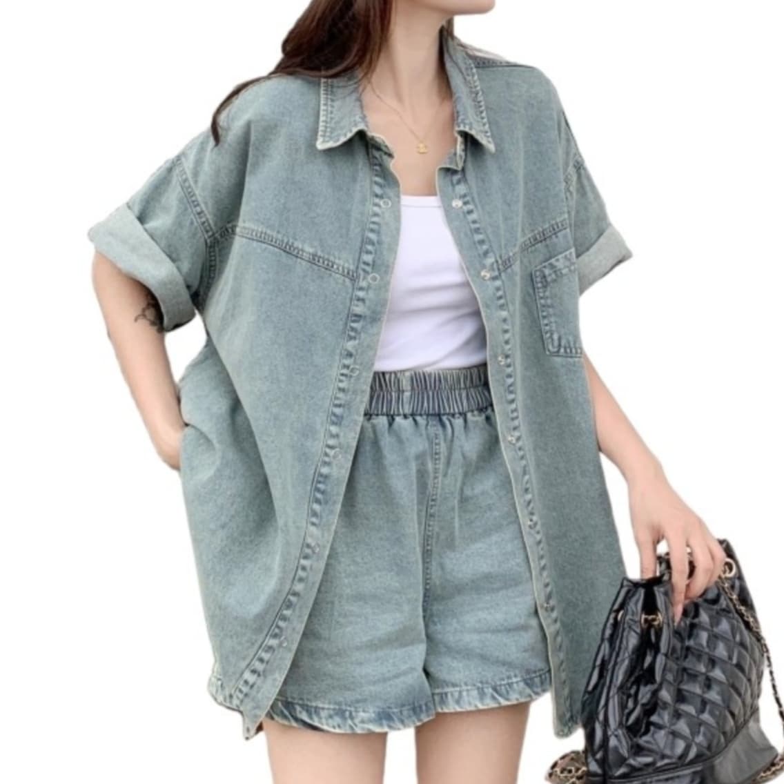 デニムセットアップ ウォッシュ加工半袖シャツ・ショートパンツ 夏のゆったりカジュアルツーピースセット