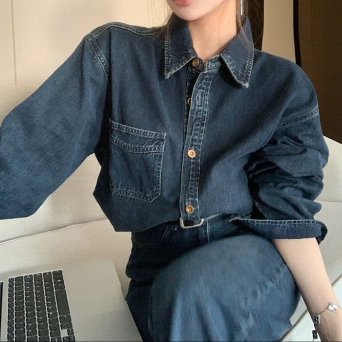 デニムセットアップ クラシカル長袖シャツ&ハイウエストワイドパンツ レトロ可愛い ゆったり細見え上下セット