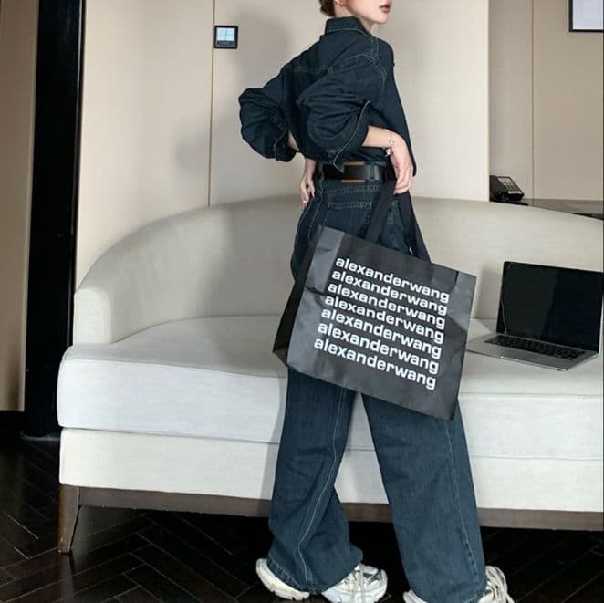デニムセットアップ クラシカル長袖シャツ&ハイウエストワイドパンツ レトロ可愛い ゆったり細見え上下セット