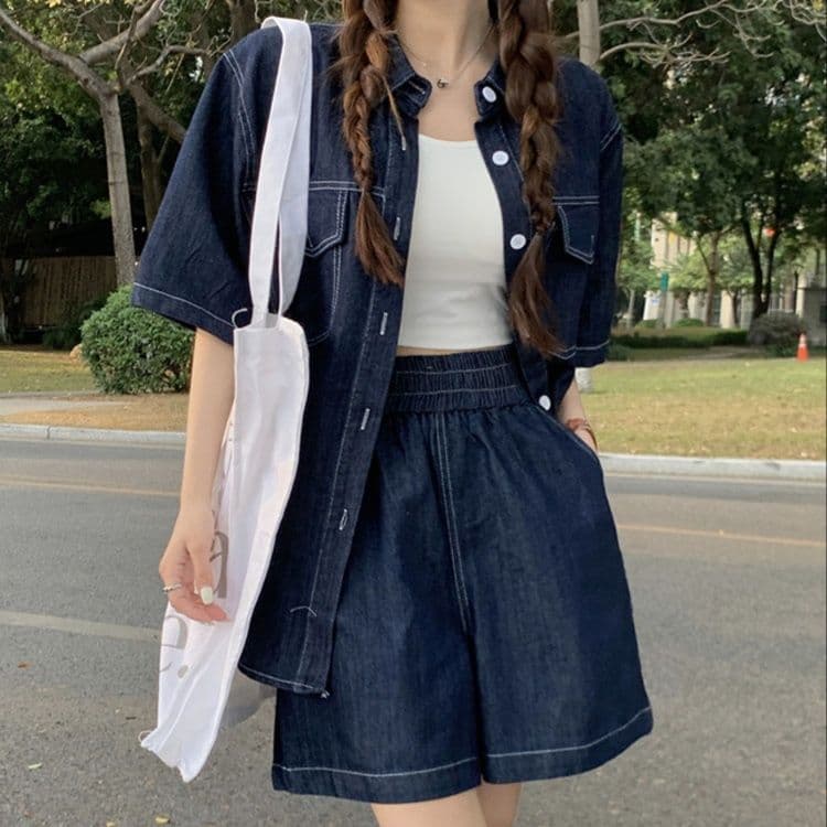 デニムセットアップ 華奢見え半袖シャツ&ワイドショートパンツ 夏の香港風リラックス2点セット