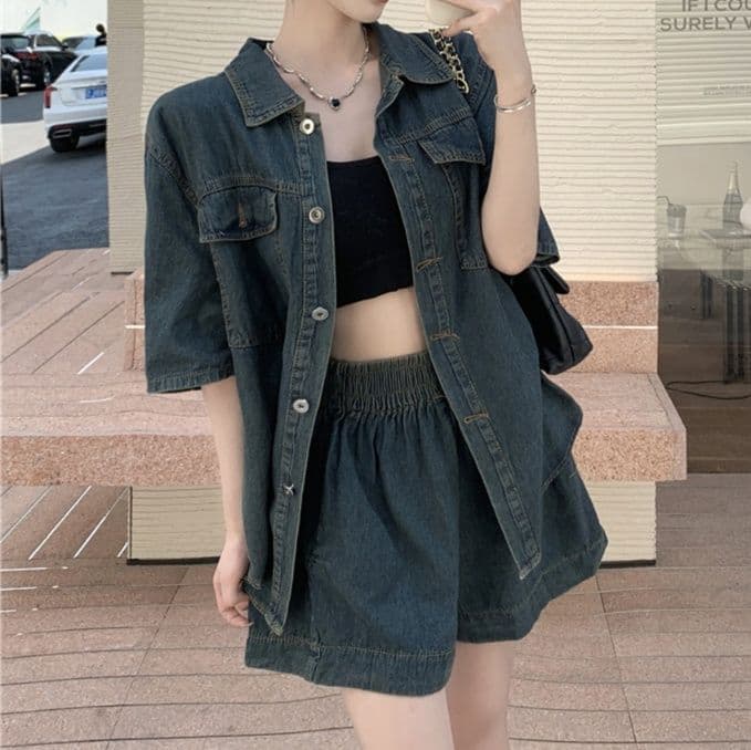 デニムセットアップ レトロ風半袖シャツ&ハイウエストショートパンツ 大きめサイズ◎ 夏の華奢見えツーピースセット