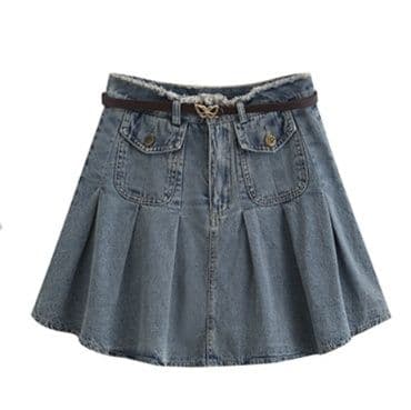 デニムセットアップ フリンジ半袖ショートトップス×プリーツミニスカート 甘辛ガーリー上下セット