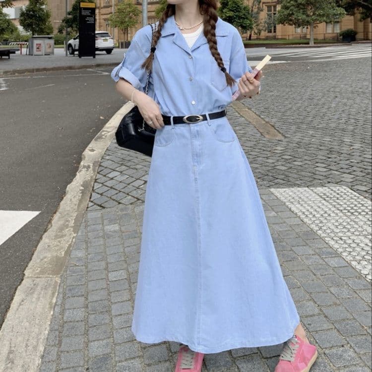 ゆったり半袖デニムシャツ+フレアロングスカート 夏向け ほの甘塩系華奢見えセットアップ