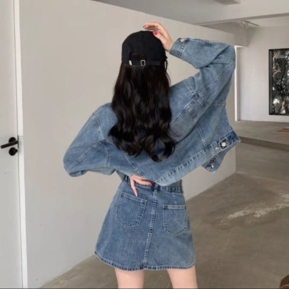 クラシカルショート丈デニムジャケット×ミニスカート 制服風クールガーリーセットアップ