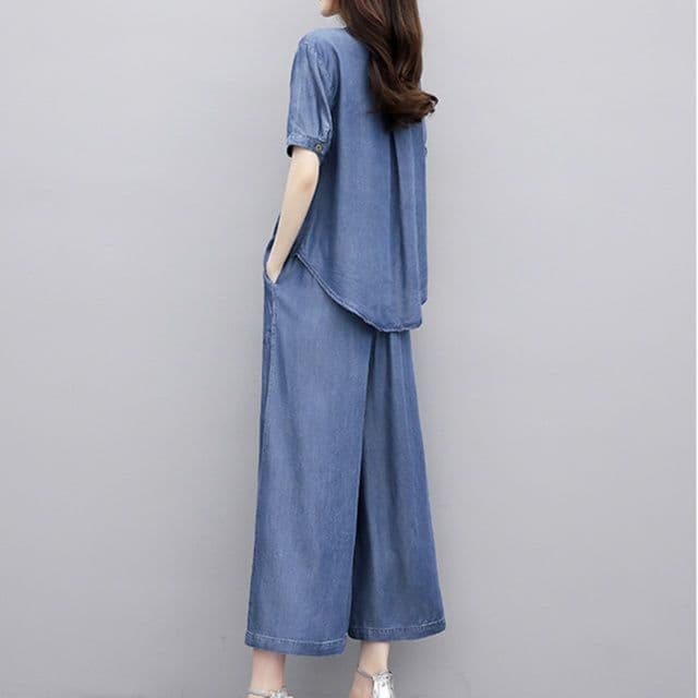 ゆったりノーカラー半袖シャツ+ワイドパンツ 大きめサイズ◎ 上品リラックス 薄手デニムセットアップ