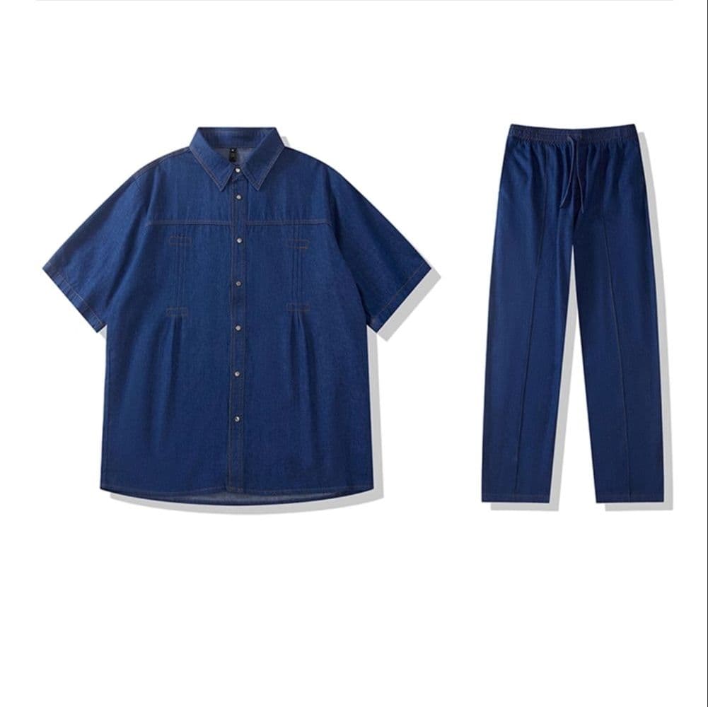 ワークテイストデニムシャツ×ワイドパンツ メンズ向けカジュアルデニムセットアップ(上下別売り)