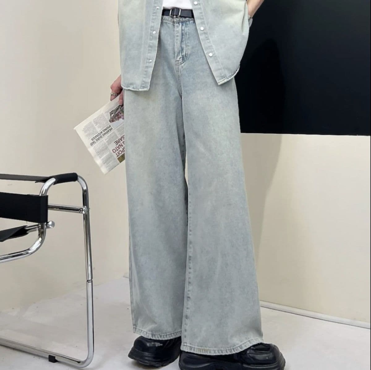 デニムセットアップ ウォッシュ加工半袖シャツ×ワイドレッグパンツ メンズ向け ゆったり個性派セット
