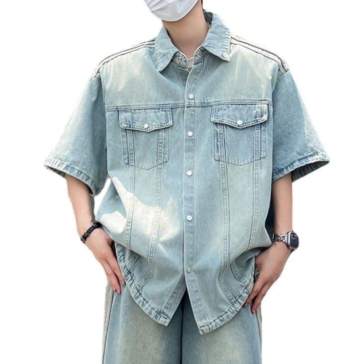 ウォッシュ加工半袖シャツ×ワイドパンツ メンズ向け ストライプ入りデニムセットアップ