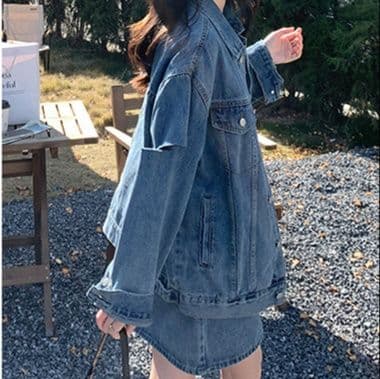 オーバーサイズデニムジャケット&ミニスカート 着回し自在 香港風ゆるかわセットアップ