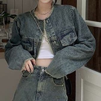 韓国風ノーカラーショート丈デニムジャケット×セミタイトロングスカート 大人可愛い塩系高見えセットアップ
