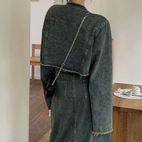 韓国風ノーカラーショート丈デニムジャケット×セミタイトロングスカート 大人可愛い塩系高見えセットアップ