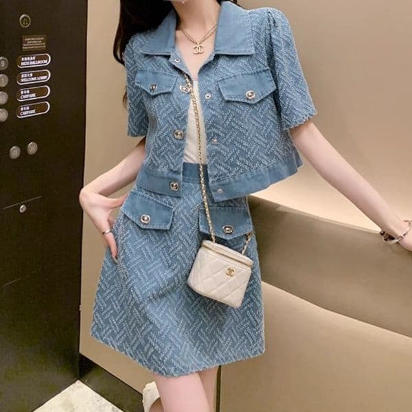 ショート丈半袖デニムジャケット&ミニスカート 大人可愛い 塩系高見えセットアップ