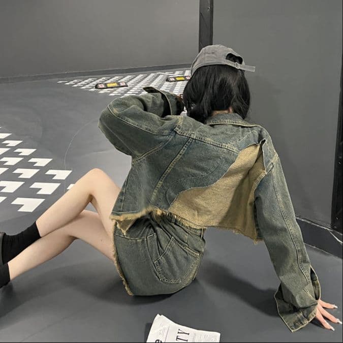 ヴィンテージ風デニムショートジャケット+ハイウエストミニスカート モードカジュアルセットアップ