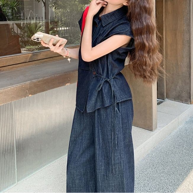 デニムセットアップ アシンメトリー半袖シャツ&ワイドパンツ 人とかぶらない高見えクール上下セット