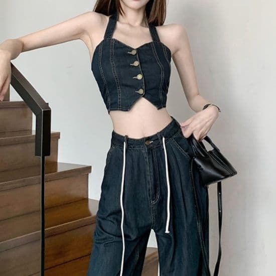 デニムセットアップ ビスチェ風トップス&ワイドパンツ きれいめ肌見せY2K上下セット