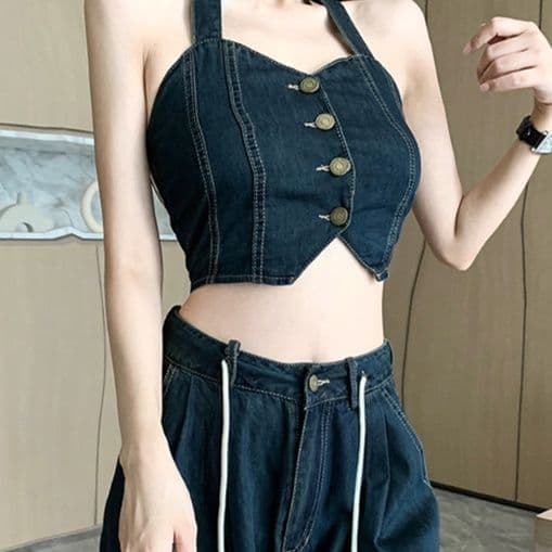 デニムセットアップ ビスチェ風トップス&ワイドパンツ きれいめ肌見せY2K上下セット